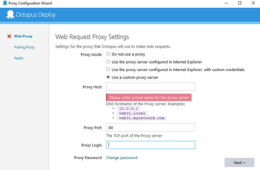 Inputting Proxy Host, Login, and Password Information